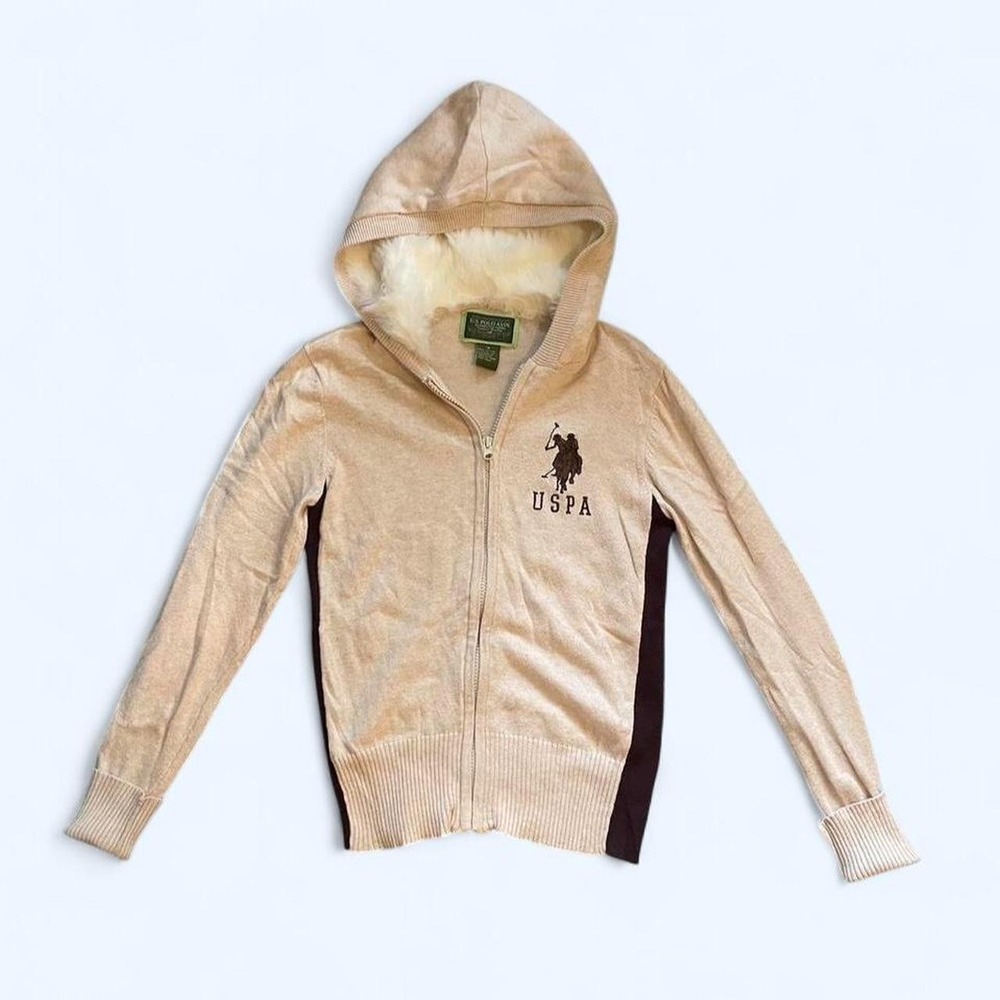 Cream knit zip up‎ hoodie with faux fur hood size M by US Polo Assn